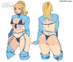 1girls ass blonde_hair breasts english_text female female_focus female_only kamii_momoru large_breasts light-skinned_female light_skin metroid samus_aran solo text thighs white_background wide_hips