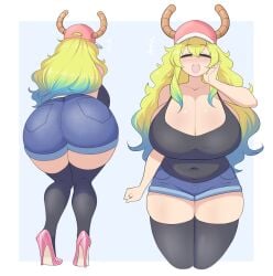 1girls ass ass_shot back_view backboob baseball_cap big_ass big_breasts black_tank_top black_thighhighs blonde_hair blue_shorts blush bottomwear breasts cleavage closed_eyes clothing female female_only footwear hair hat headwear heels high_heels horns huge_ass huge_breasts large_breasts legwear long_hair mature mature_female mature_woman miss_kobayashi's_dragon_maid multiple_views quetzalcoatl_(dragon_maid) sealguy short_shorts shorts smile solo solo_female tank_top thick_thighs thighhighs thighs topwear two_tone_hair