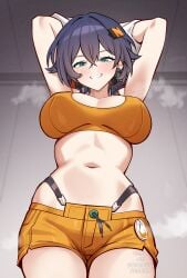 1girls alternate_version_available belle_(summer_skies)_(zenless_zone_zero) belle_(zenless_zone_zero) big_breasts bikini_top black_hair blue_eyes blush bonz_(bonz0616) breasts cleavage ear_piercing earrings female female_only hair hair_ornament highres looking_at_viewer official_alternate_costume orange_bikini_top orange_shorts shirt shirt_lift shirt_up short_shorts shorts smile solo solo_female steam steamy thighs undressing white_shirt zenless_zone_zero