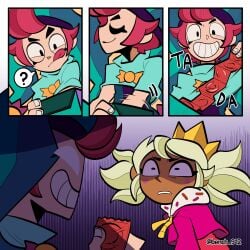 angry artist_name brawl_stars chester_(brawl_stars) comic condom condom_wrapper dark-skinned_female frown imminent_sex jester jester_hat light-skinned_male mandy_(brawl_stars) queen royalty safe safe_for_work tagme
