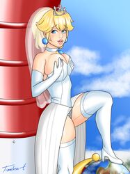 1girls big_breasts blonde_hair blue_eyes breasts bustier choker cleavage dress earrings elbow_gloves female female_only hands_on_own_breasts heels human large_breasts mario_(series) nintendo panties ponytail princess_peach solo super_mario_odyssey thighhighs tiara timeless-t underwear wedding_dress wedding_veil