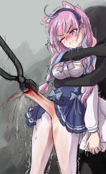 1girls animal_ear_hairband animal_ears aqua_hair bleeding_from_pussy blood blue_skirt blush bowtie braid braided_hair breasts colored_inner_hair curly_hair destroyed_pussy dragging dragging_pussy female guro headband headband_ears hololive light-skinned_female long_hair minato_aqua minato_aqua_(3rd_costume) multicolored_hair multiple_males nipples nipples_visible_through_clothing object_insertion object_on_pussy pain painful peeing pink_hair pliers purple_eyes pussy pussy_destruction pussy_stretch pussy_visible_through_clothes rape ray_(pixiv30112908) scared skin_stretch vaginal_insertion white_jacket white_stockings