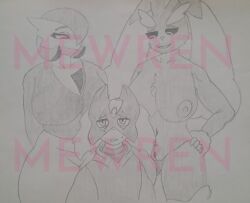 anthro big_breasts breasts dominant dominant_female female gardevoir generation_3_pokemon generation_4_pokemon generation_9_pokemon group hand_on_hip lopunny male male/female meowscarada mewren nintendo pokemon pokemon_(species) size_difference submissive submissive_male trio wide_hips