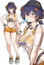 1girls armwear belle_(summer_skies)_(zenless_zone_zero) belle_(zenless_zone_zero) big_breasts bikini_top black_hair blue_eyes blush bonz_(bonz0616) bracelet breasts bucket_hat close-up ear_piercing earrings female female_only footwear full_body hair hand_on_hip hat headwear highres legs nails official_alternate_costume orange_bikini_top orange_shorts popsicle popsicle_in_mouth sexually_suggestive shirt short_shorts shorts simple_background smile solo solo_female thighs toenail_polish white_background white_shirt zenless_zone_zero