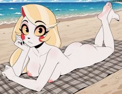 1girls ai_generated ass barefoot beach black_nail_polish black_nails blanket blonde_hair blush_stickers breasts charlie_morningstar charlie_morningstar_(hazbin_hotel) completely_nude completely_nude_female curious dimples_of_venus eyebrows_visible_through_hair feet feet_up fingernails full_body hazbin_hotel long_hair looking_at_viewer lying lying_on_stomach nail_polish naked naked_female nipples nudity ocean outdoor_nudity outdoors sand seashell soles solo stable_diffusion sunbathing the_pose tyto4tme4l water white_body white_skin
