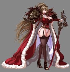 absurdres ankle_boots armor ascot azur_lane boots breasts brown_boots brown_garter_straps brown_hair brown_thighhighs cleavage cloak female full_body fur-trimmed_cloak fur_trim gauntlets gold_trim grey_background hair_between_eyes high_collar high_heels highres holding holding_sword holding_weapon huge_breasts jacket leotard lion_(azur_lane) long_hair long_sleeves looking_at_viewer open_mouth pauldrons red_cloak red_jacket rolingblade shoulder_armor simple_background single_gauntlet skindentation solo sword thighhighs tongue very_long_hair weapon white_ascot white_leotard yellow_eyes