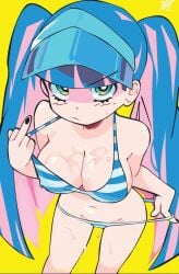 angry_expression banelingrush big_breasts bikini bikini_only bikini_pull blue_hair breasts breasts_focus cute cute_face female female_focus female_only green_eyes hips looking_at_viewer middle_finger multicolored_hair nipple_bulge pale-skinned_female panty_&_stocking_with_garterbelt pink_hair revealing_breasts sexy sexy_body solo solo_female solo_focus stocking_anarchy strap_pull taking_off_bra taking_off_panties wet_body wet_breasts wet_thighs