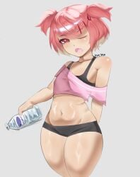 1female 1girls artist_name bottle collarbone doki_doki_literature_club drink eye_closed female female_only natsuki_(doki_doki_literature_club) navel one_eye_closed pink_eyes pink_hair sour_yams sports_bra sports_shorts sportswear water water_bottle
