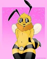 absurd_res antennae_(anatomy) anthro arthropod balls bee blush chastity_cage chastity_device choker eyeshadow flat_chastity_cage genitals hands_behind_back heart_symbol hi_res hymenopteran inschaal insects jewelry makeup male navel neck_tuft necklace solo standing stinger striped_body stripes thick_thighs tuft wings