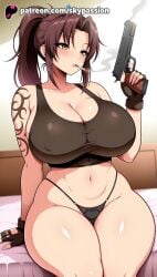 1girls 2025 ai_assisted ai_generated anime arm_tattoo artist_name back_tattoo barcode barcode_tattoo bare_shoulders bed bed_sheet black_lagoon black_panties body_writing breast breast_tattoo breasts brown_hair bullet bust chest chest_tattoo cigarette cleavage command_spell curvy female finger_on_trigger fingerless_gloves gloves gun gun_to_head handgun heart_tattoo hi_res high_quality high_resolution highres holding holding_gun holding_weapon leg_tattoo lipstick_mark long_hair navel number_tattoo panties patreon patreon_username pistol plump ponytail pubic_tattoo revolver revy shoulder_tattoo sitting skypassion smoke smoking solo stable_diffusion stomach_tattoo tally tattoo thick_thighs thighs thong trigger_discipline underwear watermark weapon