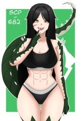 1girl solo monster_girl scp_foundation scp-682 humanoid reptile_girl lizard_girl tail long_hair black_hair yellow_eyes slit_pupils sharp_teeth fangs claws scales green_scales spiked_arms large_breasts abs toned muscular_female curvy wide_hips sports_bra underwear standing front_view looking_at_viewer smile mischievous finger_to_mouth simple_background green_background text white_outline