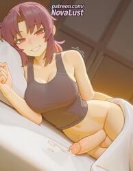 1futa 2025 ai_generated artist_name black blush breasts breasts breasts bust chest cleavage cock cum cum_on_self dick ejaculation erection eyebrows_visible_through_hair foreskin futanari hi_res high_quality high_resolution highres lagoon lying male_focus newhalf nose_blush novalust on_side otoko_no_ko patreon patreon_username penis phimosis precum purple_hair revy smile solo stable_diffusion testicles uncensored watermark