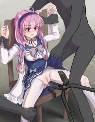 1girls animal_ear_hairband animal_ears aqua_hair blue_skirt bowtie braid braided_hair breasts chair colored_inner_hair curly_hair female headband headband_ears held_up hololive imminent_penetration long_hair minato_aqua minato_aqua_(3rd_costume) multiple_males pink_hair pliers purple_eyes pussy_visible_through_clothes ray_(pixiv30112908) white_jacket white_stockings
