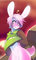 ? a_link_to_the_past anthro barely_visible_genitalia barely_visible_penis bottomless clothed clothing fur girly lagomorph link link_(rabbit_form) male male_only mammal navel nintendo penis penis_base pink_eyes pink_fur rabbit solo the_legend_of_zelda tsampikos video_games whiskers