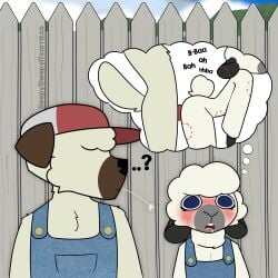 absurd_res anthro bent_over bite_mark bite_mark_on_leg bite_mark_on_shoulder bite_marks_all_over bleating bodily_fluids bovid bumper_(sleepysheepy) canid canine canis caprine clothing domestic_dog drooling duo emile_(sleepysheepy) fantasizing female female_penetrated fence floppy_ears fur hair hair_over_eyes hay hay_in_mouth herding_dog hi_res male male/female male_penetrating male_penetrating_female mammal overalls pastoral_dog penetration rough_sex saliva sex sheep sheepdog sleepysheepy17 white_body white_fur white_hair wood wood_fence wool_(fur) wool_hair