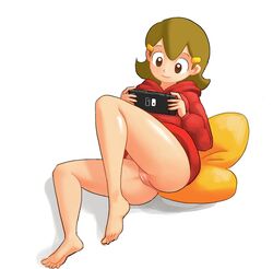 1girls 2019 5-volt barefoot bottomless brown_eyes brown_hair cameltoe cute feet female female_only hoodie human human_only mario_(series) milf minus8 nintendo nintendo_switch panties shiny shiny_skin simple_background smile solo thighs vagina wario_(series) warioware warioware_gold