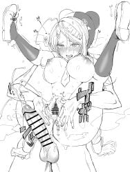 1boy absurdres after_vaginal akamatsu_kaede anus ass bar_censor blush breasts carrying carrying_person censored cosplay cum cum_in_pussy danganronpa_(series) danganronpa_v3:_killing_harmony female greyscale hair_ornament highres large_breasts legs_up long_hair mizu_matawa_nurumayu monochrome monokuma monokuma_(cosplay) musical_note musical_note_hair_ornament nipples penis shoes spread_pussy spreading_another's_pussy trembling