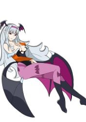 bat_wings breasts bridal_gloves capcom cleavage cosplay crossover darkstalkers female gloves idolmaster large_breasts leotard long_hair morrigan_aensland morrigan_aensland_(cosplay) revealing_clothes shijou_takane silf silver_hair skin_tight solo thighhighs wings