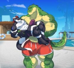 abs anthro barazoku barely_contained barely_contained_penis biceps big_bulge black_body blue_eyes bulge carrying_another carrying_partner clothing crocodile crocodilian detailed_bulge dragon duo erection erection_under_clothing genital_outline green_body hair hi_res horn league_of_legends lifeguard mafekoba male male/male markings muscular muscular_anthro muscular_male mythological_creature mythological_scalie mythology penis_outline pool_party_renekton red_hair renekton reptile riot_games scalie shy size_difference speedo swimming_pool swimwear tail tattoo teeth telius tencent triceps yellow_eyes