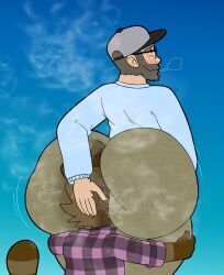 1:1 anal anal_sex anthro ass big_butt bottomwear breath brown_body brown_fur bubble_butt canid canine clothing colelucario collar denim denim_bottomwear denim_clothing eyewear fur glasses gradient_background hat headgear headwear hi_res hug huge_butt hugging_another hugging_butt human human_on_anthro hyper interspecies jeans looking_at_own_butt looking_pleasured male male/male mammal musk musk_clouds not_furry_focus pants penetration plaid raccoon_dog rear_view sigh simple_background solo tanuki thick_thighs topwear tuck_(colelucario) wide_hips