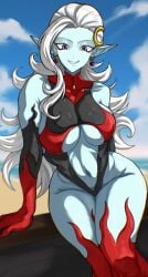 1girls beach big_breasts blue_eyes blue_skin breasts busty curvy dragon_ball dragon_ball_xenoverse earrings female midriff pointy_ears red_eyeshadow small_waist takundraws thick_thighs towa underboob white_hair wide_hips
