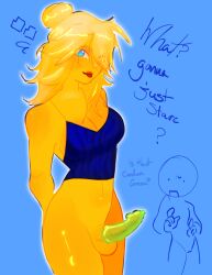 1futa background_character balls bottomless breasts cleavage condom condom_on_penis forsaken_(roblox) futa_only futanari hard_penis intersex kunislugs noob noob_(forsaken) party_noob_(forsaken) penis questioning roblox roblox_game robloxian scene_noob self_upload semi_nude tagme thighs yellow_skin