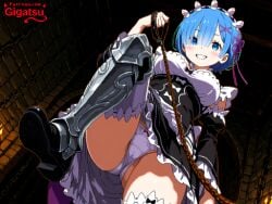 ai_generated armor armored_boots armored_female blue_hair dungeon female_domination from_below gigatsu maid maid_headdress maid_uniform panties pixel_art pov re:zero_kara_hajimeru_isekai_seikatsu rem_(re:zero)