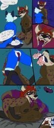 absurd_res anal anthro anus ass baphle bed bedroom_eyes belly big_belly big_breasts black_nipples blue_body blue_fur blue_hair blush bodily_fluids breasts brown_body brown_fur burping canid canine comic digestion digestion_noises duo female female_pred fox fur furniture genitals hair hi_res hybrid hyena licking male male/female male_prey mammal narrowed_eyes neck_bulge nipples onomatopoeia open_mouth oral pink_paws procyonid purple_eyes purple_tongue raccoon raccoongirl red_hair reformation rimming saliva saliva_on_tongue seductive sex sound_effects stomach_bulge tekno text tongue vore vulva