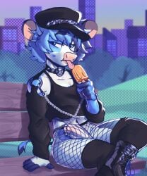 5:6 absurd_res alternative_fashion anthro bench big_penis black_boots black_clothing black_collar black_footwear black_hat black_headwear black_shirt black_socks black_tank_top black_topwear blue_body blue_eyes blue_fur blue_hair blue_spots boots bovid bovine cattle clothing collar crossed_legs erection femboy fishnet_clothing fishnet_legwear fishnet_stockings food footwear fur genitals glans goth hair half-closed_eyes hat headgear headwear hi_res holding_food holding_object holding_popsicle humanoid_genitalia humanoid_penis imgloka legwear looking_away male mammal markings narrowed_eyes park park_bench penis pink_glans pink_inner_ear pink_penis popsicle shirt shoes sitting socks solo spiked_collar spikes spots spotted_body spotted_fur tank_top thick_thighs thigh_highs thigh_socks tongue tongue_out topwear white_penis