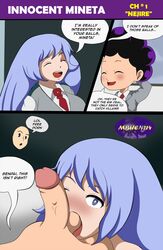 ball_sucking balls blue_eyes blue_hair blush clothed_female_nude_male colored dialogue english_text fellatio female funny instant_loss_2koma joke licking_balls male mbhen114 minoru_mineta my_hero_academia nejire_hado oral oral_sex peeping_tom penis smaller_male speech_bubble straight straight_sex text voyeur voyeurism watching wink