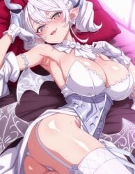 1girls ai_generated alternate_version_available armpits arms_up ass bed bigaku blush demon demon_girl demon_horns duel_monster earrings fangs female focus fringe gloves hi_res high-angle_view horny konami labrynth_of_the_silver_castle leotard looking_at_viewer looking_back lovely_labrynth_of_the_silver_castle lying lying_on_bed pose princess queen seductive side_view silver_eyes smile solo sweat sweatdrop twintails underwear white_hair young younger_female yu-gi-oh!