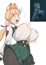 1girls alice_thymefield bouncing_breasts breasts female female_focus female_only kuromaruart large_breasts light-skinned_female light_skin nipple_bulge skirt thick_thighs thighs white_background wide_hips zenless_zone_zero