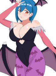 bat_wings blue_hair breasts bridal_gloves capcom cleavage cosplay crossover darkstalkers female gloves large_breasts leotard love_live! love_live!_superstar!! morrigan_aensland morrigan_aensland_(cosplay) orange_eyes revealing_clothes shiki_wakana short_hair silf skin_tight solo tagme thighhighs wakana_shiki wings