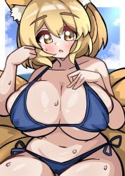 :o arm_up blue_bikini blush breasts cameltoe covered_erect_nipples curvy female hand_on_breast huge_breasts kkfri_2525 micro_bikini nipple_bulge plump ran_yakumo sweaty touhou voluptuous yakumo_ran