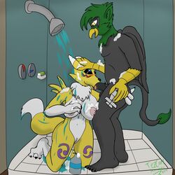 1:1 anthro avian bathroom big_breasts breast_grab breasts digimon digimon_(species) fellatio female gryphon hand_on_breast male nipples nude oral penile renamon sex shampoo shower soap standing straight tezcatl tezcatl-ayauhtli tongue tongue_out water