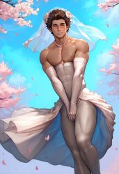 ai_generated ass ass bare_shoulders big_ass big_butt blush boy bridal_gloves bridal_veil bride brown_hair bubble_ass bubble_butt cherry_blossoms day dress elbow_gloves gloves hazel_eyes jewelry looking_at_viewer male necklace outdoors pearl_necklace petals plump_ass round_ass round_butt sky solo tallcallipygian tcallipygian thick_thighs thighs veil wedding wedding_dress white_dress white_gloves