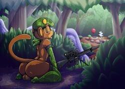 anthro ass balls big_butt bloon bloons_tower_defense blush camo clothing femboy genitals gun haplorhine hi_res iguanasarecool kerchief kneeling legwear male mammal monkey ninja_kiwi open_mouth outside primate ranged_weapon sniper_monkey_(bloons) stockings tail tongue weapon