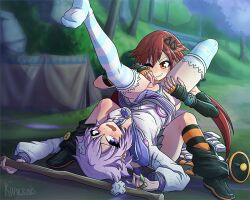 2girls artist_name blush choker commentary d-pad d-pad_hair_ornament english_commentary female gloves hair_ornament hairclip hood hooded_track_jacket hoodie jacket jewelry khartemis long_hair megaphone multiple_girls neck_ring neptune_(neptunia) neptune_(series) neptunia_(series) open_mouth orange_eyes outdoors panties purple_eyes purple_hair pussy red_eyes red_hair short_hair sidelocks smile socks soles stick striped_clothes striped_panties striped_socks tennouboshi_uzume track_jacket twintails underwear usb uzume_tennouboshi very_long_hair yuri