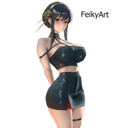 1girls artist_name big_breasts black_hair breasts busty curvy feikyart female hairband leather_clothing light-skinned_female light_skin red_eyes short_skirt small_waist spy_x_family thigh_strap tight_clothing tight_skirt white_background yor_briar yor_forger
