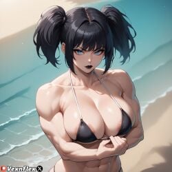 abs ai_generated areola_slip bangs beach bikini black_bikini black_hair black_lips blue_eyes breasts cleavage collarbone female goth goth_girl hi_res high_resolution large_breasts lipstick looking_at_viewer makeup muscular muscular_female navel ocean outdoors patreon patreon_username sky solo swimsuit twintails vexnflex violet_(vexnflex)