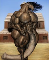 abs animal_genitalia animal_penis anthro balls biceps big_penis bodily_fluids brown_body equid equine equine_genitalia equine_penis genitals hi_res hohohonse horse long_penis male mammal muscular muscular_anthro muscular_male nipples nude nude_anthro nude_male oiled outside pecs penis solo sweat