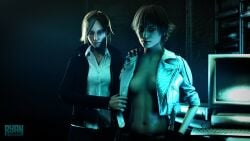 2girls 3d blue_eyes capcom cleavage crossover curvaceous curvy curvy_figure devil_may_cry devil_may_cry_(series) devil_may_cry_5 female female_only front_view fully_clothed hourglass_figure jacket jacket_only jacket_open juli_kidman lady_(devil_may_cry) light-skinned_female looking_at_viewer navel open_jacket pale-skinned_female partially_clothed ryandoesstuff short_hair short_hair_female slim_waist tango_gameworks the_evil_within the_evil_within_2 tomboy