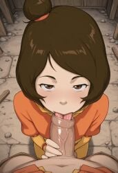 1boy 1girls ai_generated avatar_the_last_airbender brown_eyes brown_hair cartoon fellatio female foreskin foreskin, foreskin_play jinora kneeling light-skinned_female light_skin looking_at_viewer male oral oral_sex penis pov short_hair the_legend_of_korra tongue tongue_in_foreskin tongue_out uncircumcised uncut veiny_penis