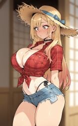 1girls 2025 ai_generated bangs blonde_female blonde_hair blurred_background blurry_background choker cleavage cleavage_overflow clothed collar daisy_dukes ear_piercing earrings farm female hands_behind hands_behind_back jean_shorts jeans kitagawa_marin long_hair looking_down midriff necklace penis_awe pink_eyes pink_highlights plaid plaid_clothes plaid_shirt pocket_showing red_plaid sono_bisque_doll_wa_koi_wo_suru straw_hat sun_hat tan tanline tanned tanned_female tanned_skin thighs thong thong_showing thong_straps zoophilia