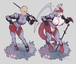 2025 anthro armor barefoot before_and_after big_breasts blonde_hair breast_growth breasts bulge claws clothing digital_media_(artwork) digitigrade dragon feet female fungus gender_transformation genitals gloves grey_background growth hair handwear hi_res holding_melee_weapon holding_object holding_sword holding_weapon horn horn_growth human human_to_anthro looking_at_viewer looking_down male mammal melee_weapon mtf_transformation mushroom mythological_creature mythological_scalie mythology nipples open_mouth pika-moo plant plate_armor pussy red_body red_scales scales scalie simple_background smile solo species_transformation standing sword tail tail_growth transformation tree_stump vulva weapon
