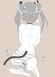 1boy absurdres anal animal_ears ass breath brown_background cat_ears cat_tail censored choker doggy_style female francesca_lucchini hair_ornament hair_ribbon highres monochrome panties penis ribbon sex side-tie_panties simple_background standing_sex straight strike_witches striped striped_panties sweat sweatdrop tail tavor_(m_tavor) twintails underwear world_witches_series