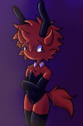 1boy aged_up arm_warmers blue_eyes blush bunny_ears bunnysuit c00lkidd c00lkidd_(forsaken) fluffy_tail forsaken forsaken_(roblox) gloves horns kruhana2 male petite red_skin thighhighs thighs thin_waist
