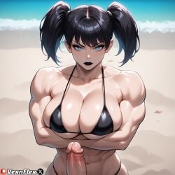 1boy abs ai_generated beach bikini black_bikini black_hair black_lips blue_eyes breasts cleavage collarbone female goth goth_girl hi_res high_resolution large_breasts lipstick looking_at_viewer makeup muscular muscular_female patreon patreon_username penis sand solo_focus straight swimsuit twintails uncensored veins veiny_penis vexnflex violet_(vexnflex)
