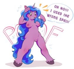 anthro english_text equid equine exhibitionism female genitals hasbro hi_res izzy_moonbow_(mlp) litti_kitti magic magic_user mlp_g5 my_little_pony mythological_creature mythological_equine mythology solo solo_focus text unicorn