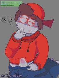 1boy artist_name blush blush_lines brown_hair bulge bulge_through_clothing cap cum_covered_penis cum_on_penis dick_figures embarrassed embarrassed_male figures_shedletsky forsaken_(roblox) hat jacket looking_away male male_only no_underwear official_alternate_costume penis penis_out pulling_down_pants red_jacket request requested roblox roblox_game robloxian rule_34_comment shedletsky shedletsky_(forsaken) solo solo_male spoken_ellipsis spoken_heart sukyung5559 watermark white_skin